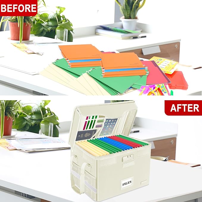 DocSafe Fireproof Document Box with Lock,File Storage Organizer with Zipper Pockets,Collapsible Portable File Box Home Office Safe Filing Cabinet with Handle for Hanging Letter/Legal Folders,Beige