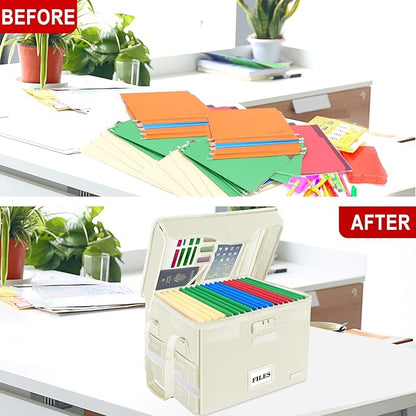 DocSafe Fireproof Document Box with Lock,File Storage Organizer with Zipper Pockets,Collapsible Portable File Box Home Office Safe Filing Cabinet with Handle for Hanging Letter/Legal Folders,Beige