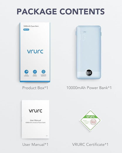 VRURC Portable Charger Built-in Cables and AC Wall Plug, USB C Power Bank 10000mAh, Travel Essentials Phone Charger Compact Lightweight External Battery Pack for Smart Phones, Tablets etc-Blue