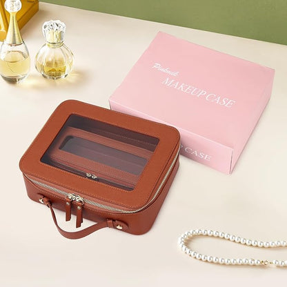 Pinkmik Clear Makeup Bag with Brush Bag 2pcs Waterproof Travel Case for Cosmetics and Toiletries Women's Cosmetic Organizer with Zipper (X/Brown, L+SLIM)
