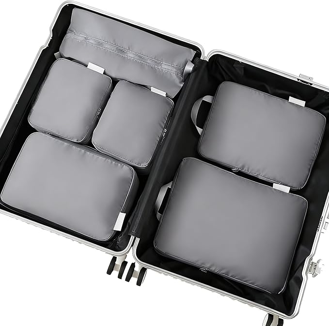 6-piece travel compression packaging cube - foldable travel bag expandable, luggage storage bag. (grey)