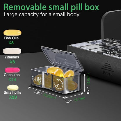 Pill Organizer Weekly, 2 Times a Day for 7-Day Leather Medicine Box Travel Container Vitamin Am Pm Pill Case, Twice Daily Privacy Pill Holder, Modern and Portable Pillbox (Black and Brown)