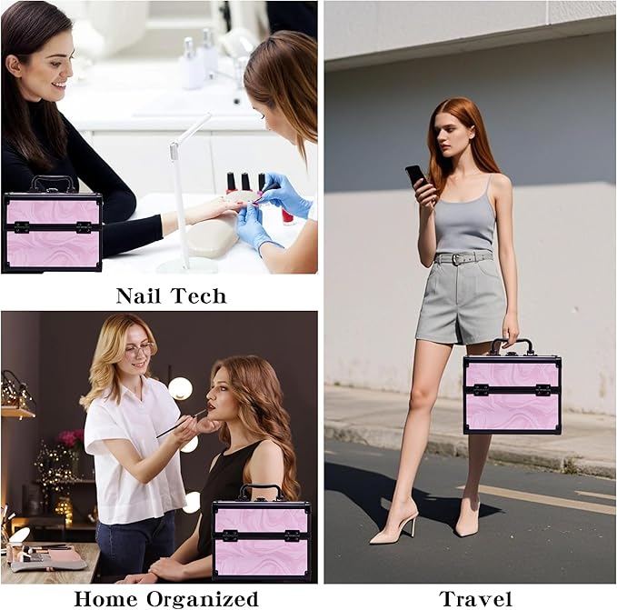 Makeup Train Case, Portable Makeup Case with Mirror, 2-Trays Cosmetic Organizer Case,Nail Polish Organizer, Travel Makeup Box, Profesional for Salon Barber, Pattern Black Pink