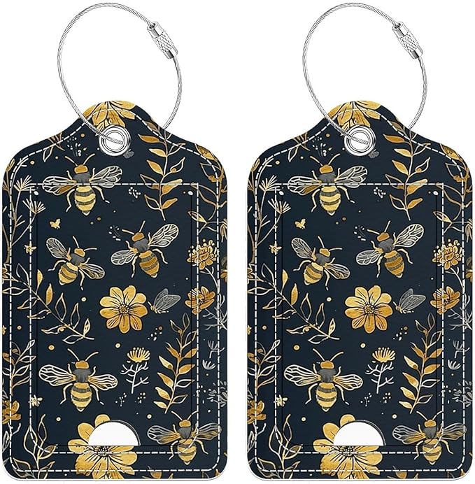 Funny PU Leather Luggage Tags 2-Pack Suitable for Suitcase Stainless Steel Loop and Address Card Essential with Cruise and Airport Travel Vintage Yellow Bee Floral Cute Pattern