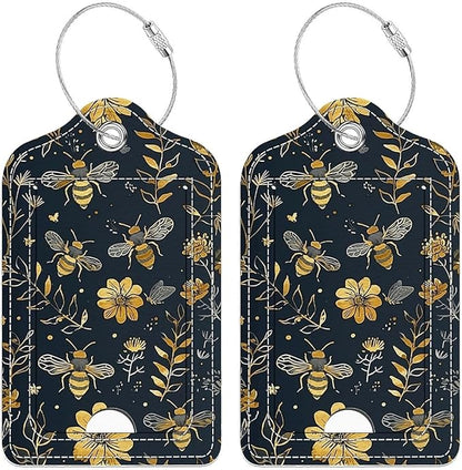 Funny PU Leather Luggage Tags 2-Pack Suitable for Suitcase Stainless Steel Loop and Address Card Essential with Cruise and Airport Travel Vintage Yellow Bee Floral Cute Pattern
