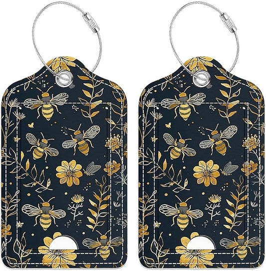 Funny PU Leather Luggage Tags 2-Pack Suitable for Suitcase Stainless Steel Loop and Address Card Essential with Cruise and Airport Travel Vintage Yellow Bee Floral Cute Pattern