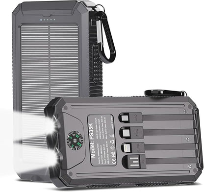 Power Bank Solar Charger 20,000mAh, Portable Phone Charger, 4 Cables Outdoor Waterproof External Backup Power Charger with USB-C for Cell Phones, Solar Battery Pack with Dual Flashlight for Camping