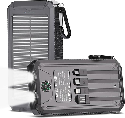 Power Bank Solar Charger 20,000mAh, Portable Phone Charger, 4 Cables Outdoor Waterproof External Backup Power Charger with USB-C for Cell Phones, Solar Battery Pack with Dual Flashlight for Camping