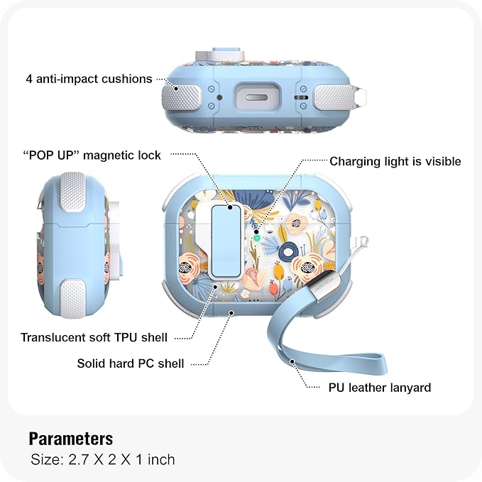 WENEW for AirPods Pro 3 Case (2025) Cover Secure Lock Automatic Snap Switch Clip Cleaner Kit Lanyard Women Stylish Flower Hard Shell Full Body Front LED Visible (Blue Flower, AirPods Pro 3)