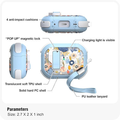 WENEW for AirPods Pro 3 Case (2025) Cover Secure Lock Automatic Snap Switch Clip Cleaner Kit Lanyard Women Stylish Flower Hard Shell Full Body Front LED Visible (Blue Flower, AirPods Pro 3)