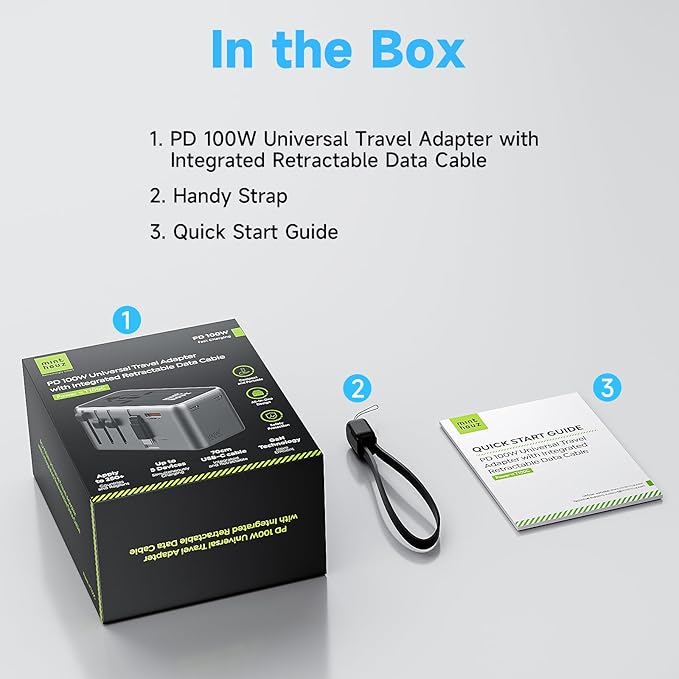 Minthouz Universal Travel Adapter, International 100W Power Adapter GaN Fast Charger with 2 USB-C PD, 1 USB-C Cable &A Ports, All-in-One Portable AC Power Plug Adapter for USA EU UK AUS