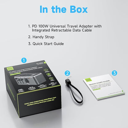 Minthouz Universal Travel Adapter, International 100W Power Adapter GaN Fast Charger with 2 USB-C PD, 1 USB-C Cable &A Ports, All-in-One Portable AC Power Plug Adapter for USA EU UK AUS