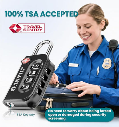 ANVIL TSA Approved Luggage Lock - 4 Digit Combination, 10,000 Combinations, Easy-Read Password Window, Travel Lock for Suitcases, Backpacks, Gym & Student Lockers, Baggage