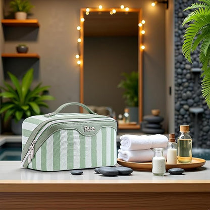 BOYATU Travel Makeup Bag for Women: Large Cosmetic Bag Set of 3 - PU Leather Make up Bag with Compartments - Compact Waterproof Toiletry Bag with Divider & Handle (B-3-Green)