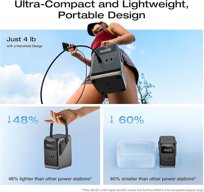 EF ECOFLOW TRAIL 200 DC Portable Power Station, 192Wh LiFePO4 Battery, Solar Generator, 220W DC Output, Compact Power Bank for Camping, Travel, Outdoors, and Emergency Use