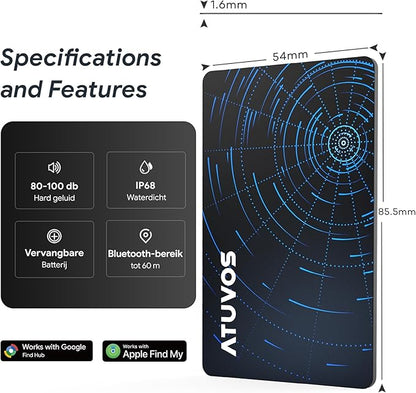 ATUVOS Dual System Air Card Tag Pro 2 Pack, Rechargeable Wallet Tracker Work with Android Google Find Hub or iOS Apple Find My APP (Huawei not Supported), Smart Finder Locator for Wallet/Luggage/Bag