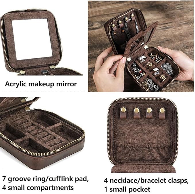 CONTACTS Genuine Leather Jewelry Box Travel Jewelry Storage Organizer for Men Portable Case for Cufflinks Ring Necklace Earrings with Mirror, Square+mirror, Coffee