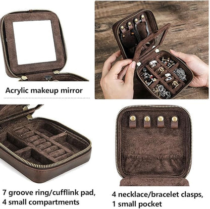 CONTACTS Genuine Leather Jewelry Box Travel Jewelry Storage Organizer for Men Portable Case for Cufflinks Ring Necklace Earrings with Mirror, Square+mirror, Coffee