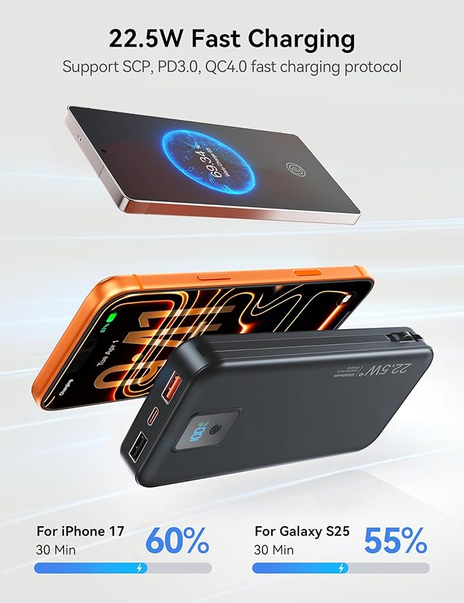 Portable Charger, 12000mAh 22.5W Fast Charging Power Bank with Built-in Cables & Wall Plug, Travel Essentials Battery Pack with LED Display, USB C External Battery Bank for iPhone iPad, Samsung Black