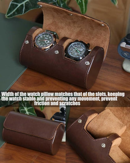 Premium Leather Travel Case, Variable Size Pillow Design, Roll Organizer for Men and Women, Brown 2 Slot Portable Storage Box With Faux Suede Fabric Lining