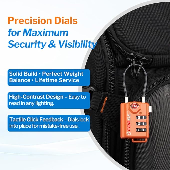 TSA Approved Cable Luggage Locks, Re-settable Combination with Alloy Body, Orange 2 Locks.