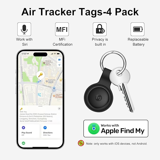 Air Tracker Tags-4 Pack Work with Apple Find My (iOS Only): Bluetooth Tracker with 4 Cases and 2 Replaceable Batteries - Key Finder Item Locator Smart Tag for Luggage Bags Wallet Suitcase