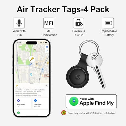 Air Tracker Tags-4 Pack Work with Apple Find My (iOS Only): Bluetooth Tracker with 4 Cases and 2 Replaceable Batteries - Key Finder Item Locator Smart Tag for Luggage Bags Wallet Suitcase