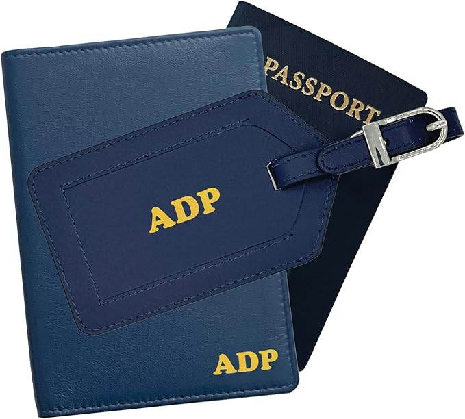 Personalized Monogrammed Navy Leather RFID Passport Wallet and Luggage Tag