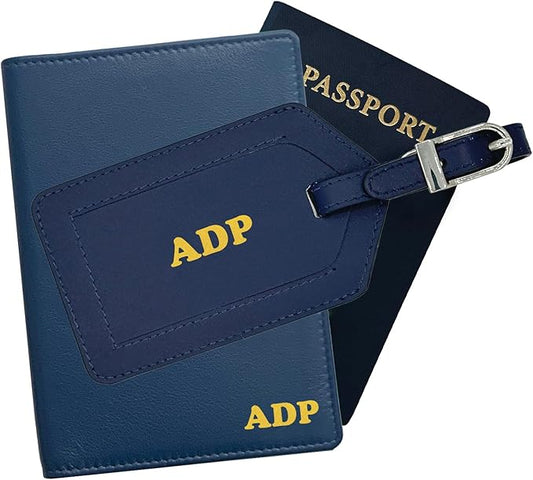 Personalized Monogrammed Navy Leather RFID Passport Wallet and Luggage Tag