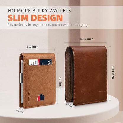 RUNBOX Slim Wallets for Men - Leather Money Clip Mens Wallet - RFID Blocking Front Pocket Bifold Wallet - Thin Credit Card Holder with Gift Box