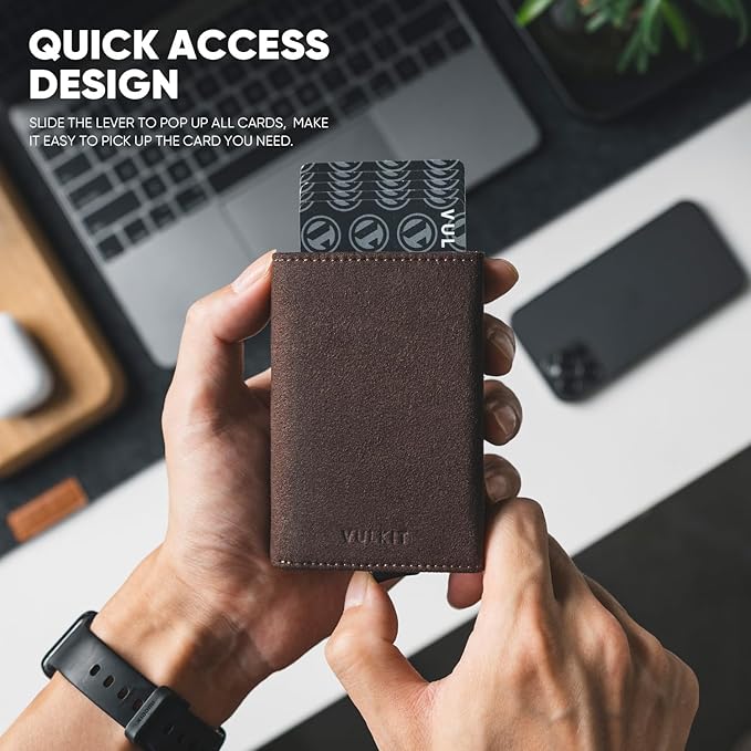 VULKIT Pop up Wallet Minimalist Cash Wallets RFID Blocking Leather Smart Credit Card Holder with Magnetic Closure for Men