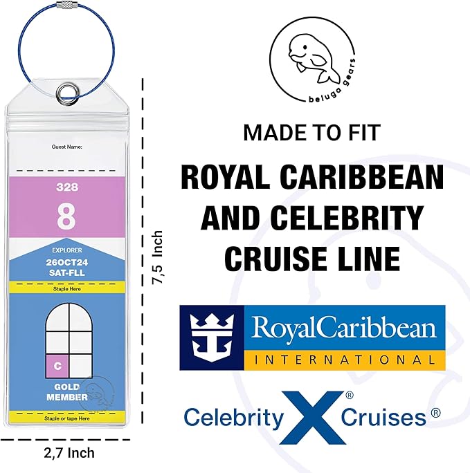Cruise Luggage Tags Essentials 4 Sets with Zip Seal and Steel Loops + 2 Cruise Lanyard Detachable ID Holder Badge + 4 Cruise Cabin Magnetic Hooks (27lbs) - Royal Caribbean Set (10, Narrow Tags Set)