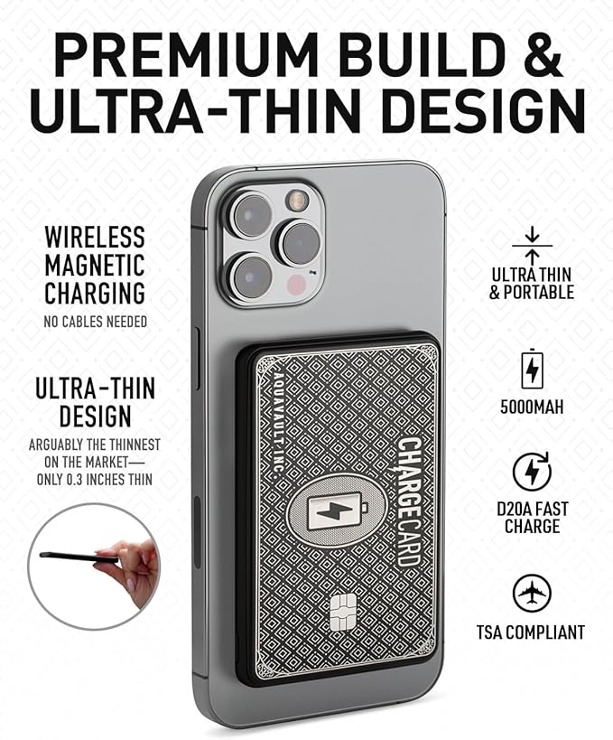 AquaVault Chargecard Magsafe Portable Charger 5000mAh 20W Fast Charge - Magnetic Power Bank, Ultra-Slim Battery Pack Compatible with iPhone 16 15 14 13 12 Series (Black)