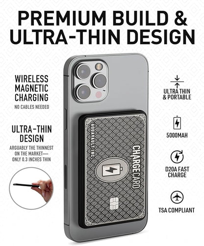 AquaVault Chargecard Magsafe Portable Charger 5000mAh 20W Fast Charge - Magnetic Power Bank, Ultra-Slim Battery Pack Compatible with iPhone 16 15 14 13 12 Series (Black)