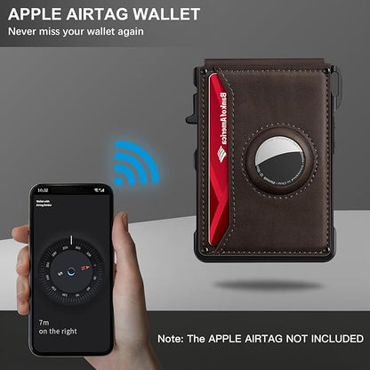 Airtag Wallet for Men, Mens Smart Wallet for Air Tag RFID Blocking, Minimalist Bifold Pop Up Aluminum Credit Card Case Holder 12+ Cards with ID Window, Gift for Men, No Airtag Included, Coffee Brown