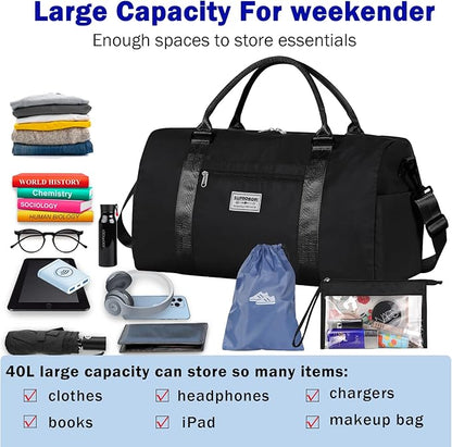 Large Travel Duffel Bag, Sports Tote Gym Yoga Airplane Carry-on With Extra Shoe and Small Clear Makeup Bag, Overnight Crossbody for Men and Women Black