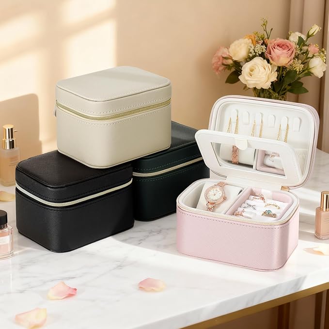 DesignSter Travel Jewelry Case,Small Jewelry Box with Mirror,Leather Material Travel Jewelry Case Organizer, Portable Jewelry Organizer with Zipper(Pink