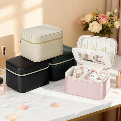 DesignSter Travel Jewelry Case,Small Jewelry Box with Mirror,Leather Material Travel Jewelry Case Organizer, Portable Jewelry Organizer with Zipper(Pink