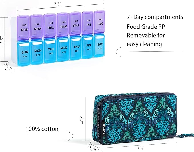 Weekly Pill Organizer 2 Times a Day, Zumd Pill Box 7 Day with Cute Quilted Fabric Zipper Case, Travel Pill Case Am Pm for Vitamin Medicine Organizer