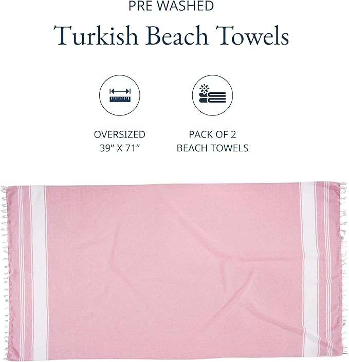 LANE LINEN Turkish Beach Towels, 2 Pack Extra Large Beach Towel, Pre-Washed for Soft Feel, Oversized Sand Free Quick-Dry Pool Towel, Beach Towels for Adults, 39"x71" - Candy Pink