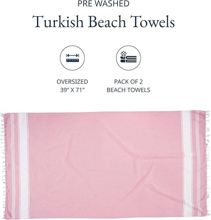 LANE LINEN Turkish Beach Towels, 2 Pack Extra Large Beach Towel, Pre-Washed for Soft Feel, Oversized Sand Free Quick-Dry Pool Towel, Beach Towels for Adults, 39"x71" - Candy Pink