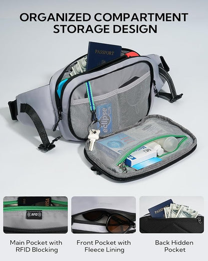 WATERFLY 3L Large Fanny Pack, 180° Opening Hip Pouch with Multi-Pockets, Anti-Theft RFID Blocking Waist Bag for Women Men Traveling Hiking Daily Use-Grey