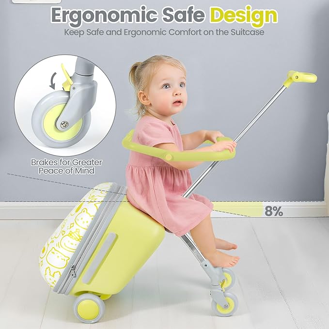 Orzbow 2-In-1 Ride On Luggage, Expandable Ride On Suitcase for Kids with Spinner Wheels, Carry On Luggage with Detachable Seat, Double as Stroller, Safety Guardrail, Help Your Child Relax, Yellow