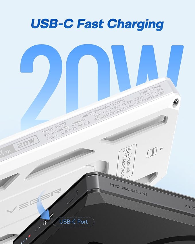 VEGER Portable Charger, Magnetic Power Bank with Phone Stand, Card Slot RFID Blocking, Global Tracking, 20W USB-C Fast Charging Powerbank, 15W Wireless Battery Pack for iPhone17/16/15/14/13/12 Black
