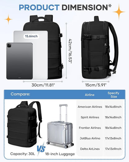 Travel Backpack For Women Men Airline Approved Carry On Backpack Flight Approved Waterproof Sports Luggage Backpack Casual Daypack Small Hiking Backpacks Black Backpacks