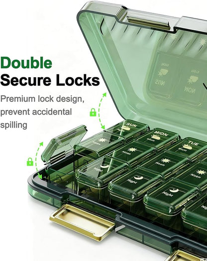 Weekly Pill Organizer 3X a Day, Large 7 Day Pill Box 3 Times a Day with 7 Compartments, Portable Travel Daily Pill Box for Medication, Vitamins, Fish Oil and Supplements, Green