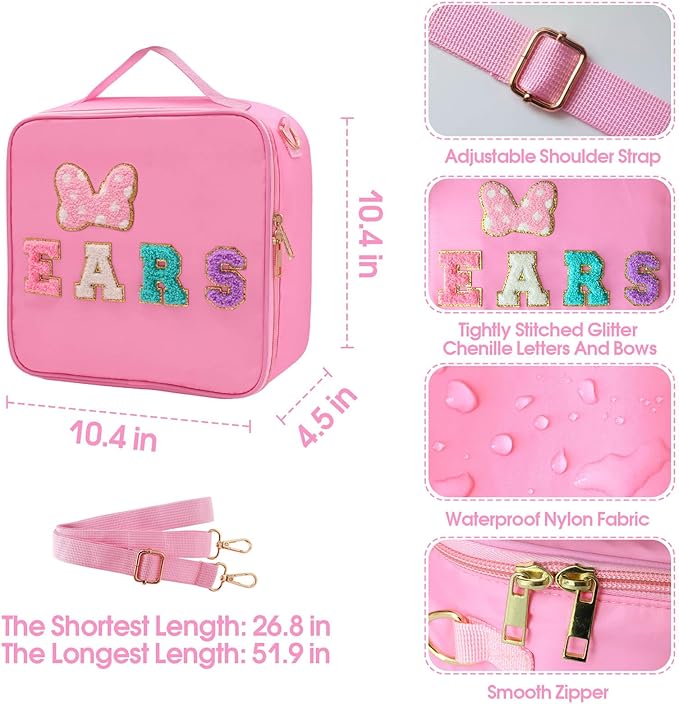 Chenille Letter Bow Mouse Ears Travel Case, Park Ears Headband Holder Hair Accessories Organizer Waterproof Bag for Girls Women Kids Adults, Large Makeup Bag Snack Bags with Zipper for Travel Picnic