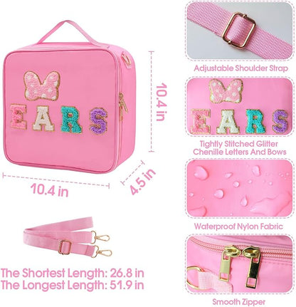 Chenille Letter Bow Mouse Ears Travel Case, Park Ears Headband Holder Hair Accessories Organizer Waterproof Bag for Girls Women Kids Adults, Large Makeup Bag Snack Bags with Zipper for Travel Picnic