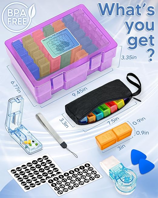 Monthly Pill Organizer 2 Times a Day, FRIWOLE Medicine Box with Portable Weekly Pill Bag, Keychain Pill Case, Pill Cutter and 2 Sticker (Purple, 2 Times a Day)