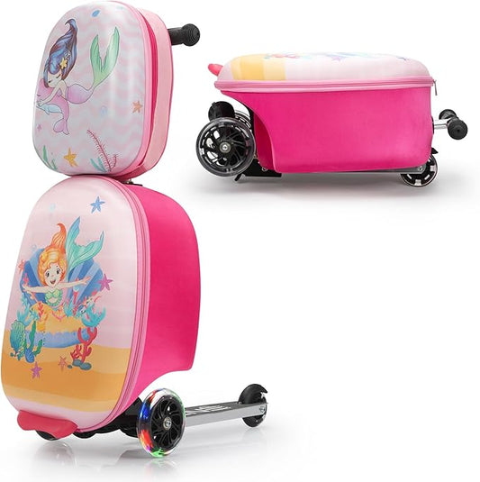 VLIVE Kids Scooter Luggage with Backpack 2-in-1 Set, 30L Ride-On Suitcase + 10L Backpack, Durable EVA Material, Lightweight Foldable, Wheels for Girls Aged 4-8, Mermaid Design